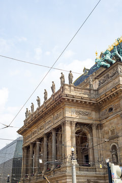 Close up photo of Bronze three horse chariot National Theatre Prague in the day N&aacute;rodn&iacute; Divadlo