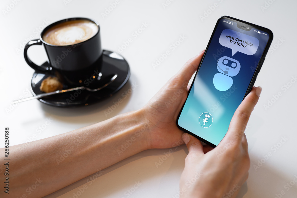Poster customer and chatbot dialog on smartphone screen. ai. artificial intelligence and service automation