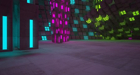 Abstract  Concrete Futuristic Sci-Fi interior With Colored Glowing Neon Tubes . 3D illustration and rendering.