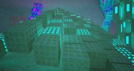 Abstract  Concrete and Glass Futuristic Sci-Fi interior With Pink And Blue Glowing Neon Tubes . 3D illustration and rendering.