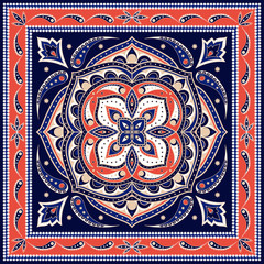 Mandala indian paisley pattern vector. Flower medallion print for silk scarf. Red blue vintage floral batik texture. Ethnic ornament design for bandana fabric, gypsy rug, boho pillow, persian carpet.
