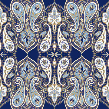 Indian paisley pattern vector seamless. Floral arabesque border medallion motif print. Vintage flower ethnic ornament. Moroccan design for woman scarf, curtain textile, wallpaper, carpet, blanket.