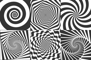 Hypnotische Spirale. Wirbel hypnotisieren Spiralen, schwindelerregende geometrische Illusion und rotierende Streifen runder Mustervektorillustrationssatz