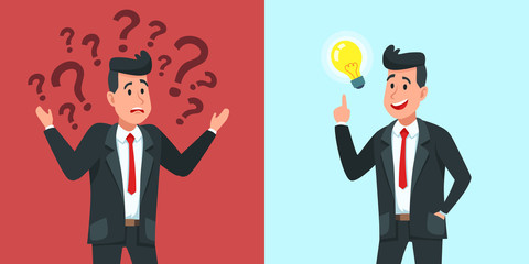 Businessman find idea. Confused business worker wonders and finds solution or solved problem cartoon vector illustration - obrazy, fototapety, plakaty