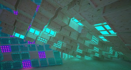 Abstract  Concrete and Glass Futuristic Sci-Fi interior With Pink And Blue Glowing Neon Tubes . 3D illustration and rendering.