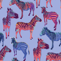 Fototapeta na wymiar Graphic seamless pattern of standing zebras drawn in the technique of rough brush