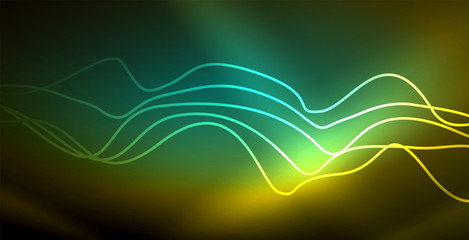 Glowing abstract wave on dark, shiny motion, magic space light. Techno abstract background