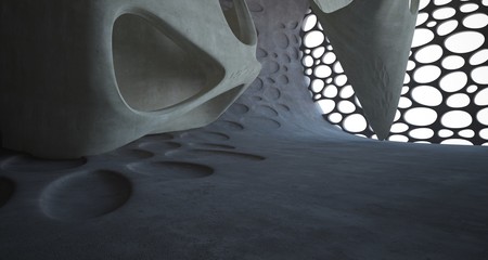 Empty dark abstract brown concrete room smooth interior. Architectural background. Night view of the illuminated. 3D illustration and rendering