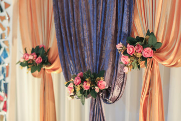 Close-up and selective focus of artificial flower use as wedding dais decoration. Wedding dais also known as 