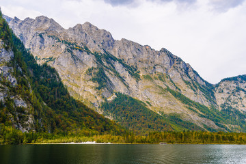 Fototapeta na wymiar Koenigssee lake with Alp mountains, Konigsee, Berchtesgaden National Park, Bavaria, Germany