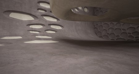 Empty dark abstract brown concrete room smooth interior. Architectural background. Night view of the illuminated. 3D illustration and rendering