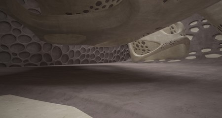 Empty dark abstract brown concrete room smooth interior. Architectural background. Night view of the illuminated. 3D illustration and rendering