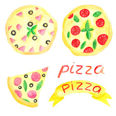  watercolor set with pizza, pieces of pizza, pizza inscription on white background