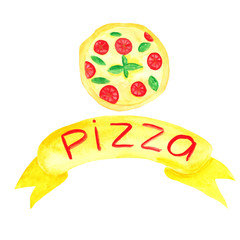  watercolor set with pizza, pizza slices, pizza inscription on white background