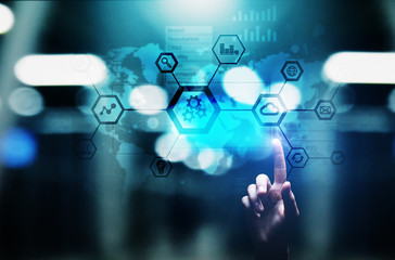 Fototapeta premium Automation and smart industry 4.0, Internet of things, IOT, Gears and system structure on virtual screen. Business and technology concept.