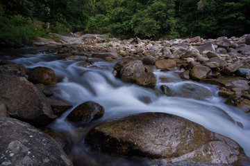 Rocks in stream with smooth flowing water