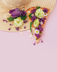 piece pizza hat summer slice pink background flower tulip green purple yellow lilac bouquet bunch daisy chamomile