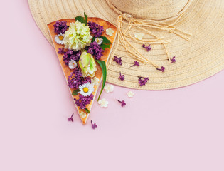 piece pizza hat summer slice pink background flower tulip green purple yellow lilac bouquet bunch...