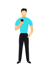 Young man holding a smartphone in hand. Graphic Design element for social media marketing, online chat, messaging, communication. Flat cartoon style vector illustration isolated on white background.