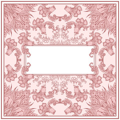 Gentle square card with a patterned floral pattern with leaves, flowers and space for text. Flourish delicate vector template for invitation, cards and your design.