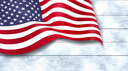 American flag on white wooden background. USA star-spangled banner. Memorial Day. 4th of July. Independence day. Veterans day. Waving flag design for poster, flyer, greeting card, invitation