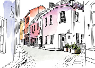 Old city street in hand drawn line sketch style. Urban romantic landscape. Vilnius. Lithuania. Black and white vector illustration on watercolor background