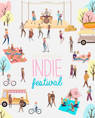 Indie festival poster with people walking, buying meals, talking to each other, fun and dance, watch the performance, cartoon flat design. Editable vector illustration