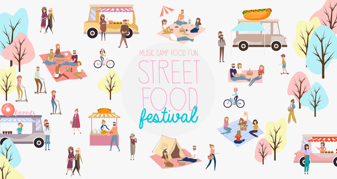 Street food festival poster with people buying and selling goods at street food market. Editable vector illustration