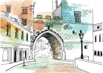 Urban sketch with landscape of the old European city. Old street and archway in hand drawn style on watercolor background.