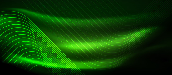 Dark background with neon glowing elements, shiny motion concept