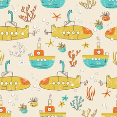 Materiał do szycia Bright children seamless pattern with the water transport and sea plants and animals