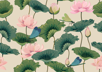 eamless pattern with lotuses and dragonflies