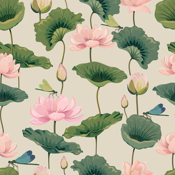 eamless pattern with lotuses and dragonflies