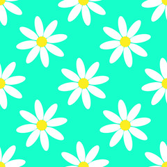 Seamless flat cartoon daisy pattern. Vector background with white chamomiles on blue.