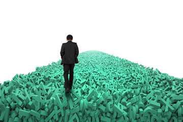 Big data highway concept, businessman walking on the road of huge amount of green letters and numbers in the air, isolated on white background.