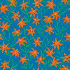 Tiger Lily Seamless pattern. Abstract lily flower design with wavy vertical stem and leaf. Vector illustration background for interior, fashion, textile, surface, web, home decor and graphic design.