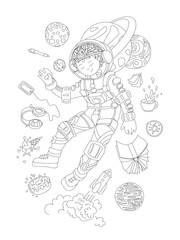 Cute hand draw coloring page with brave astronaut, cosmonaut girl - cute girl floating in space with science elements around - books, tea, coffee, donut, rocket, headphones and planets. Science girl