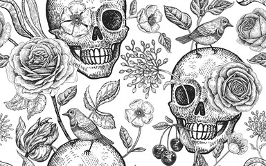 Floral seamless pattern with symbols of day dead. Skulls, blooming rose flowers and birds.