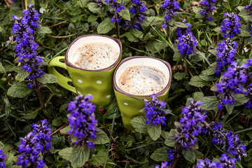 Two cups of coffee in flower. Outdoors. Place for text.