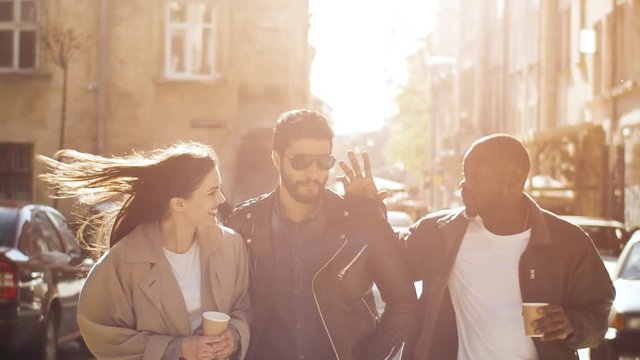 Group of happy multirace youth friends walking down the sunny street laughing and having fun
