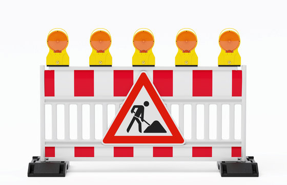Einzelne Absturzsicherung mit 5 Bakenleuchten gelb-orange, Fu&szlig;platten und Schild Baustelle - befestigt - freigestellt