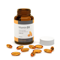 3d render of vitamin D3 bottle with capsules - obrazy, fototapety, plakaty