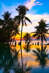Naklejka na ściany i meble Beautiful outdoor nature landscape with sea ocean and coconut palm tree around swimming pool at sunrsie or sunset