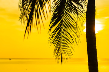 Beautiful outdoor nature landscape of sea and beach with coconut palm tree