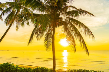 Beautiful outdoor nature landscape of sea and beach with coconut palm tree