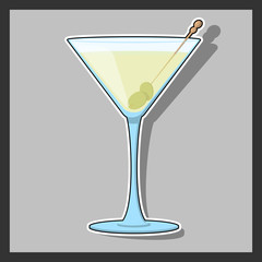 vector illustration of a martini glass or other alcohol and olive with white edging and shadow on an isolated background