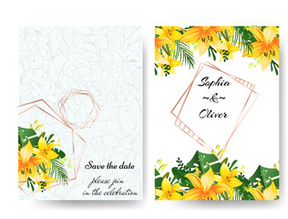 template invitations flowers wedding, vector cover botanical illustration with gold frames and lilia tropical flowers, Illustration