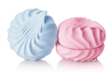 Delicious sweet dessert blue and pink zephyr marshmallows, isolated on white background