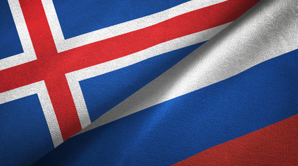 Iceland and Russia two flags textile cloth, fabric texture