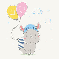 Lovely cute rhino stands with the yellow and pink balloons with hearts. Young dressed rhino in the children's summer hat and the striped clothes.